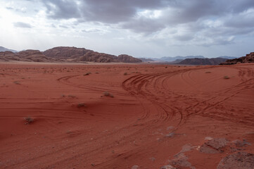 A desert landscape with a cloudy sky in the background