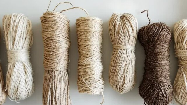 Various rolls of natural twine displayed in neutral colors for crafting and DIY projects