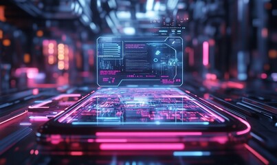 Futuristic digital interface on circuit board.