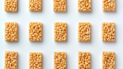 Crispy rice treats in golden perfection, texture close-up, clean white background, snack nostalgia and indulgence themes