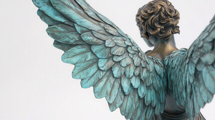 A detailed bronze angel statue with large elegant wings, its surface glowing with vibrant turquoise patina and hints of gold, emphasizing texture and intricate feather details, set against a perfectly