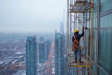 High-rise worker on scaffolding, cityscape backdrop.