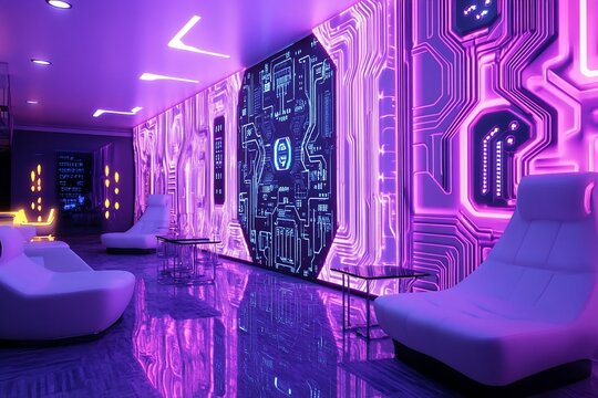 Futuristic lounge with glowing circuit wall, illuminated seating, and sleek design.