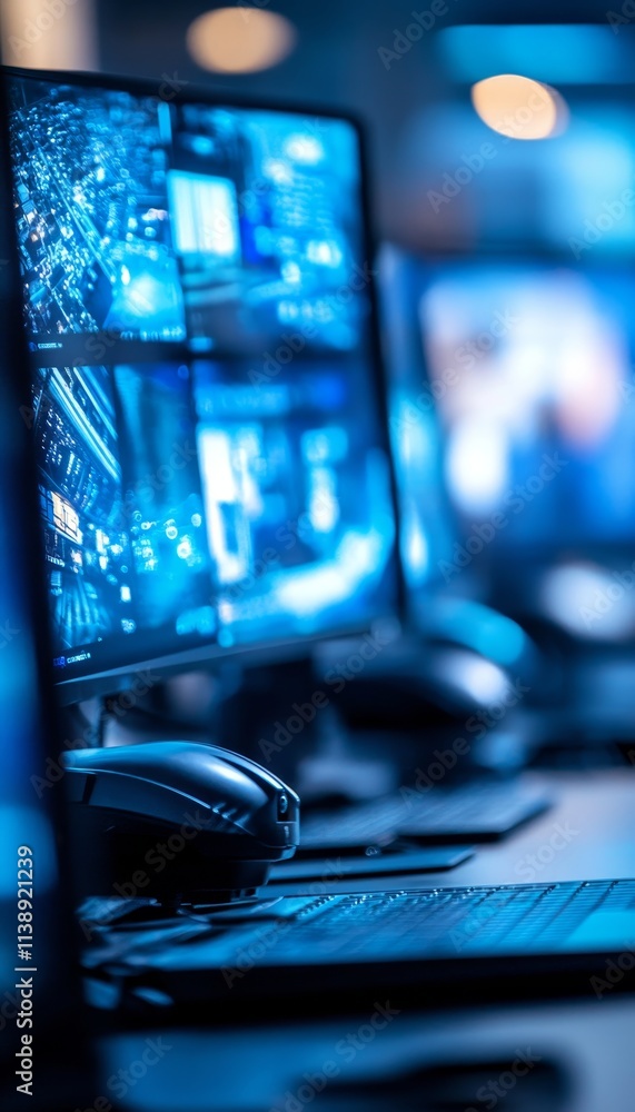 Poster modern security control room with multiple screens displaying laptop security footage and data.