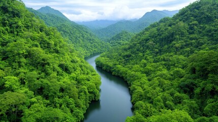 Fototapeta premium Lush green landscape with a winding river amidst mountains.