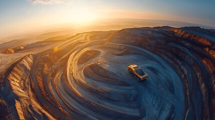 Panoramic of open pit mine industry, aerial view. Big yellow mining truck for coal working in quarry, sunrise
