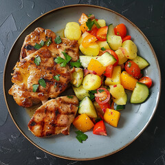 Pork chops, boiled potatoes and vegetable salad