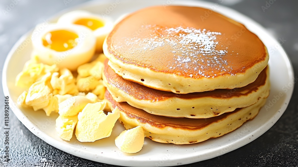 Poster a plate of fluffy pancakes served with soft-boiled eggs and popcorn.