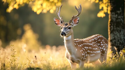 Spotted Deer in Golden Sunlight. Wildlife, Forest, Nature, Animal