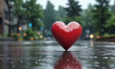 Fototapeta premium Cute hand-drawn heart, rain-streaked windshield, wash, droplets, water