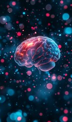 Glowing brain on dark background with particles.