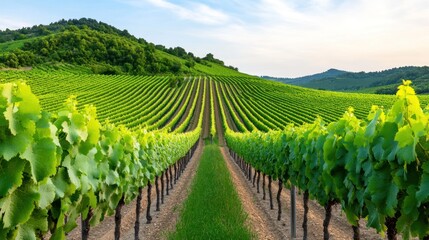 Fototapeta premium Lush green vineyards stretching across rolling hills under a clear sky.