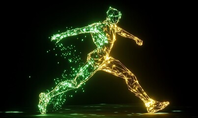 Fototapeta premium Glowing polygonal runner dissolving into particles.