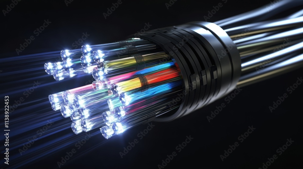 Poster an upclose view of a fiber optic cable bundle with colorful strands illuminated by transmitted light