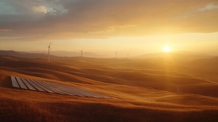 Fototapeta premium Golden sunset over hills with wind turbines and solar panels.