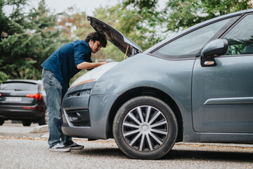 Fototapeta premium A man leans over a vehicle with the hood open, examining the engine. The setting is outdoors, with green trees and parked cars in the background, suggesting a roadside or park area.