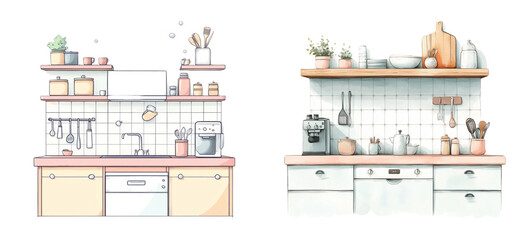 Fototapeta premium Modern Kitchen Illustrations on Transparent Background