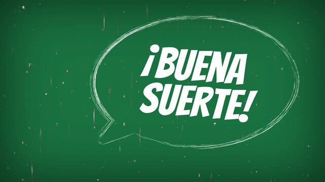Mensaje: &iexcl;Buena suerte! dentro de burbuja de discurso en pizarr&oacute;n verde