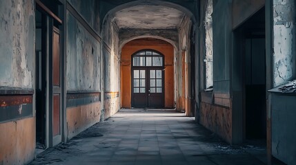 Abandoned Hallway, Decaying Architecture, Empty Corridor