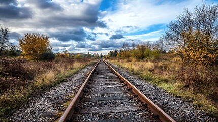 Empty Railroad Tracks Through Autumn Landscape. Concept of Journey, Solitude, and Nature.