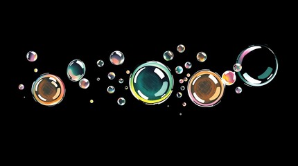 A hand-drawn sketch in color sketch note style depicting dynamic, colorful liquid bubbles in motion against a black background, using blurred lines.