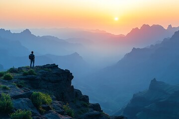 Fototapeta premium Hiker watching sunset over misty mountain peaks.