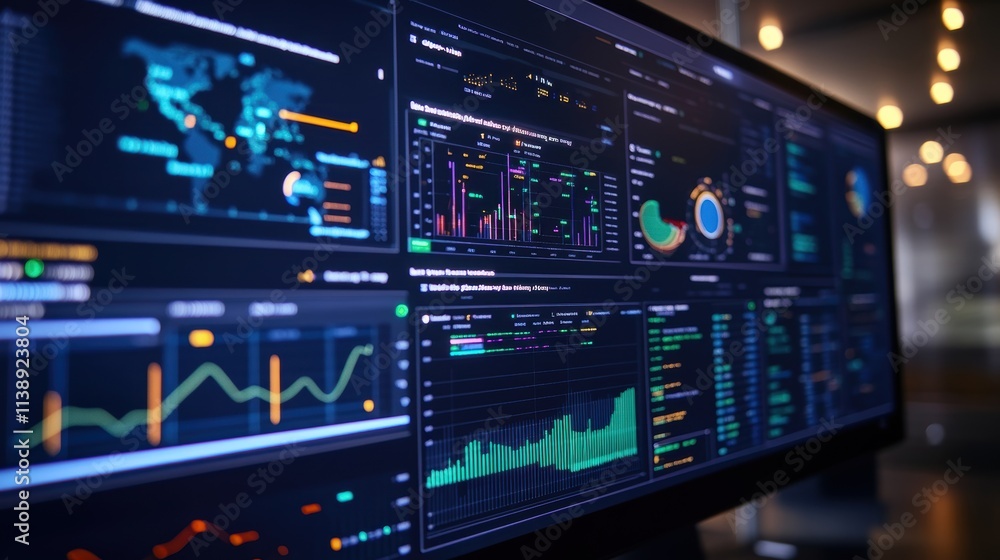 Poster a closeup of a digital screen displaying a realtime cybersecurity dashboard filled with alerts and a