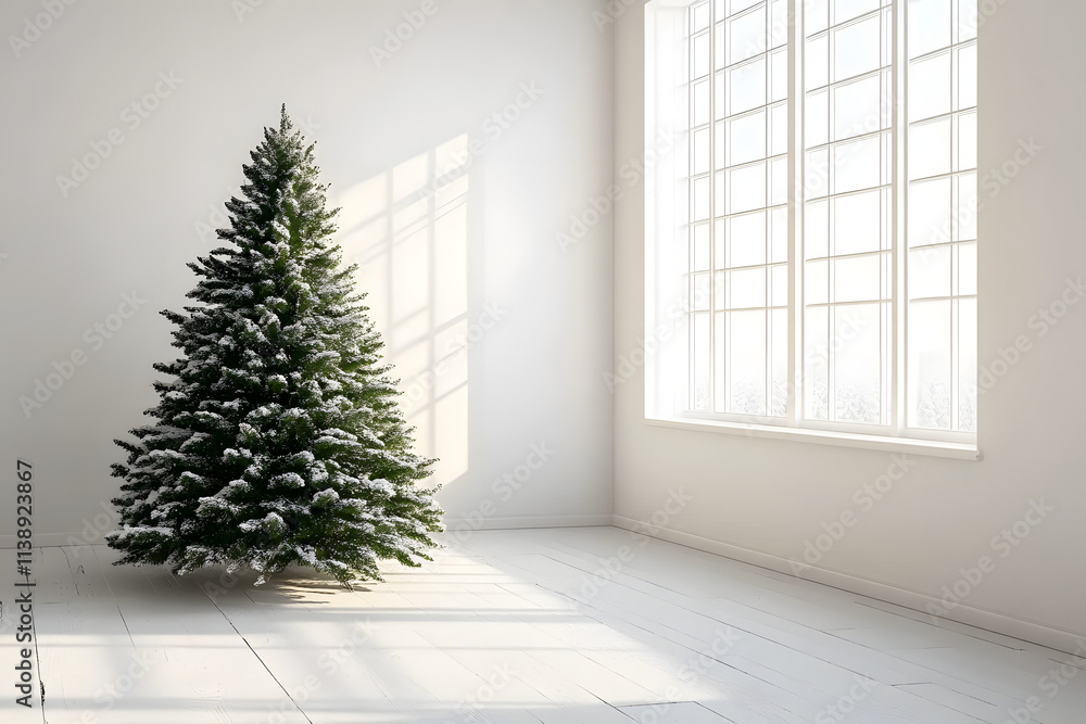 Poster christmas tree in white room with window. 3d rendering mock up