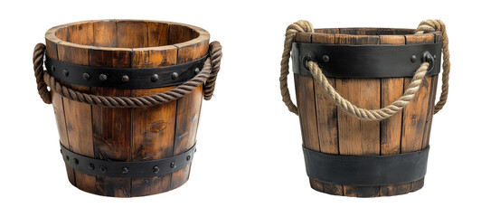Rustic Wooden Buckets With Rope Handles on Transparent Background