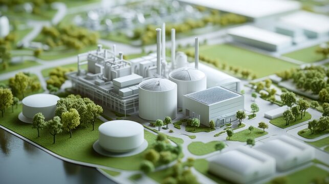 Miniature industrial complex with tanks, plants, and trees.