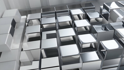 Obraz premium Reflections on metallic cubes arranged in a modern architectural space with varied lighting and textures