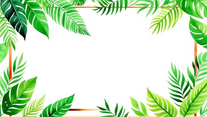 Tropical leaf border frame with vibrant green foliage on white background