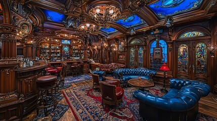 Obraz premium Luxurious home bar with ornate woodwork, stained glass, and rich furnishings.