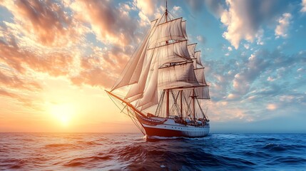 Vintage Sailing Ship at Sunset. Concept of Adventure, Exploration, and Maritime History.