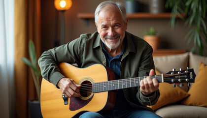 Obraz premium Senior Man Playing Acoustic Guitar at Home