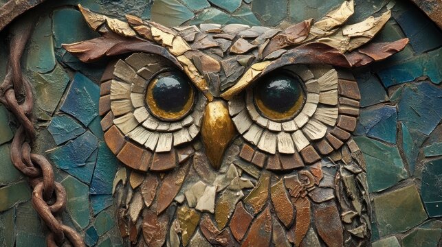 Mosaic owl with detailed feathers and large eyes.