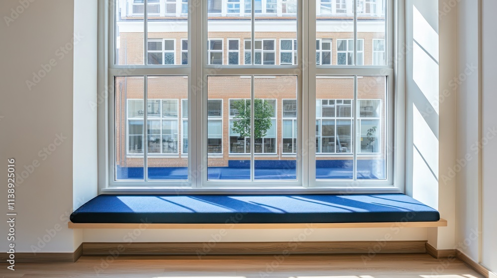 Poster sunlight streams through large window onto built-in window seat with blue cushion.