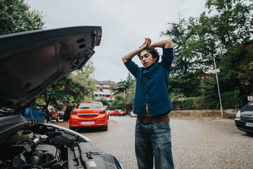 A young man stands frustrated beside a car with an open hood on a city street, surrounded by trees...
