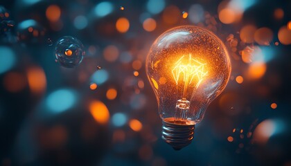 A luminous light bulb glowing in the midst of dark, shadowy spheres, symbolizing the birth of ideas and innovation, highdefinition, modern creative concept