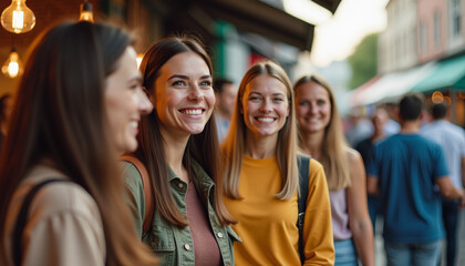 Three Smiling Women in a City Market