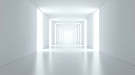 Fototapeta premium Bright white hallway with glowing light panels.
