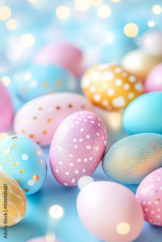 Poster pastel easter eggs in patterns are beautifully arranged with lights in a dreamy setting