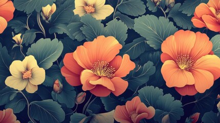 A vibrant parijatha floral pattern featuring orange and yellow flowers with green leaves.