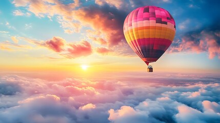 Fototapeta premium Hot air balloon above clouds at sunset. Concept of freedom, adventure, and travel.