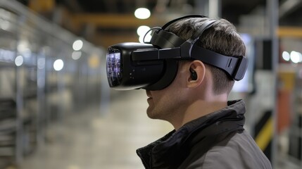 A closeup of a virtual reality headset worn by an operator with digital overlays visible in the headset display showing factory layouts and task flows.