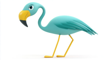 Fototapeta premium A 3D stylized cartoon of a flamingo with a teal blue body and yellow legs, large smooth curved beak, glossy finish, minimalistic design, clearly separated from a white background, vibrant and visually