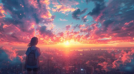 Obraz premium A young woman gazes at a breathtaking sunset over a sprawling cityscape. Warm hues paint the sky, creating a serene and magical atmosphere.