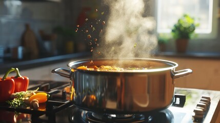 Steaming pot on stove with falling chopped vegetables.