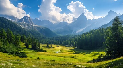 Fototapeta premium Alpine valley meadow under a vibrant sky. Scenic mountain landscape.