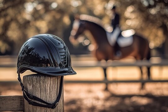 Equestrian helmet on fence with blurred horse and rider in background
